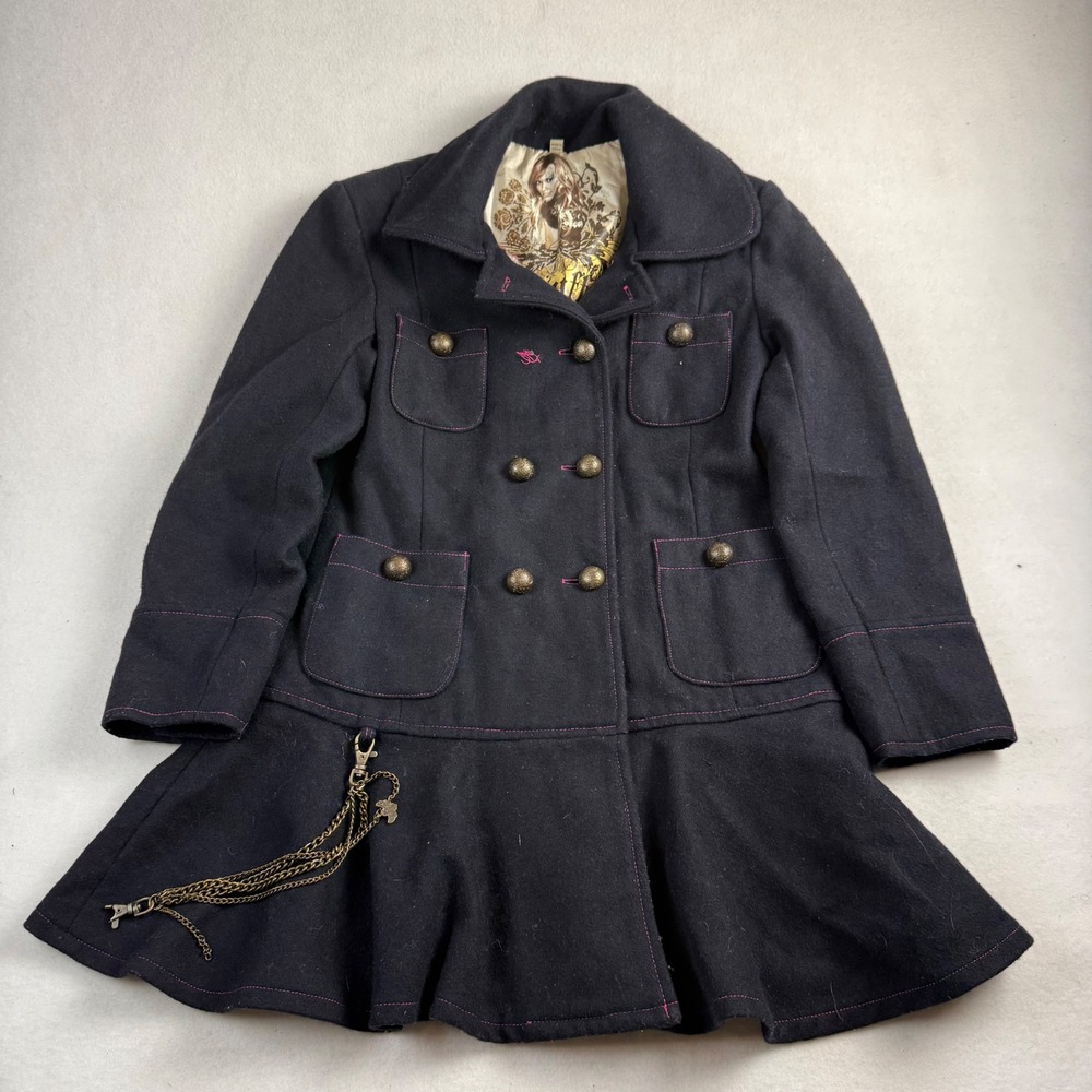 Y2K Stuff by‎ Hilary Duff W Navy Wool Blend Pea Coat Pink Stitching M 10/12